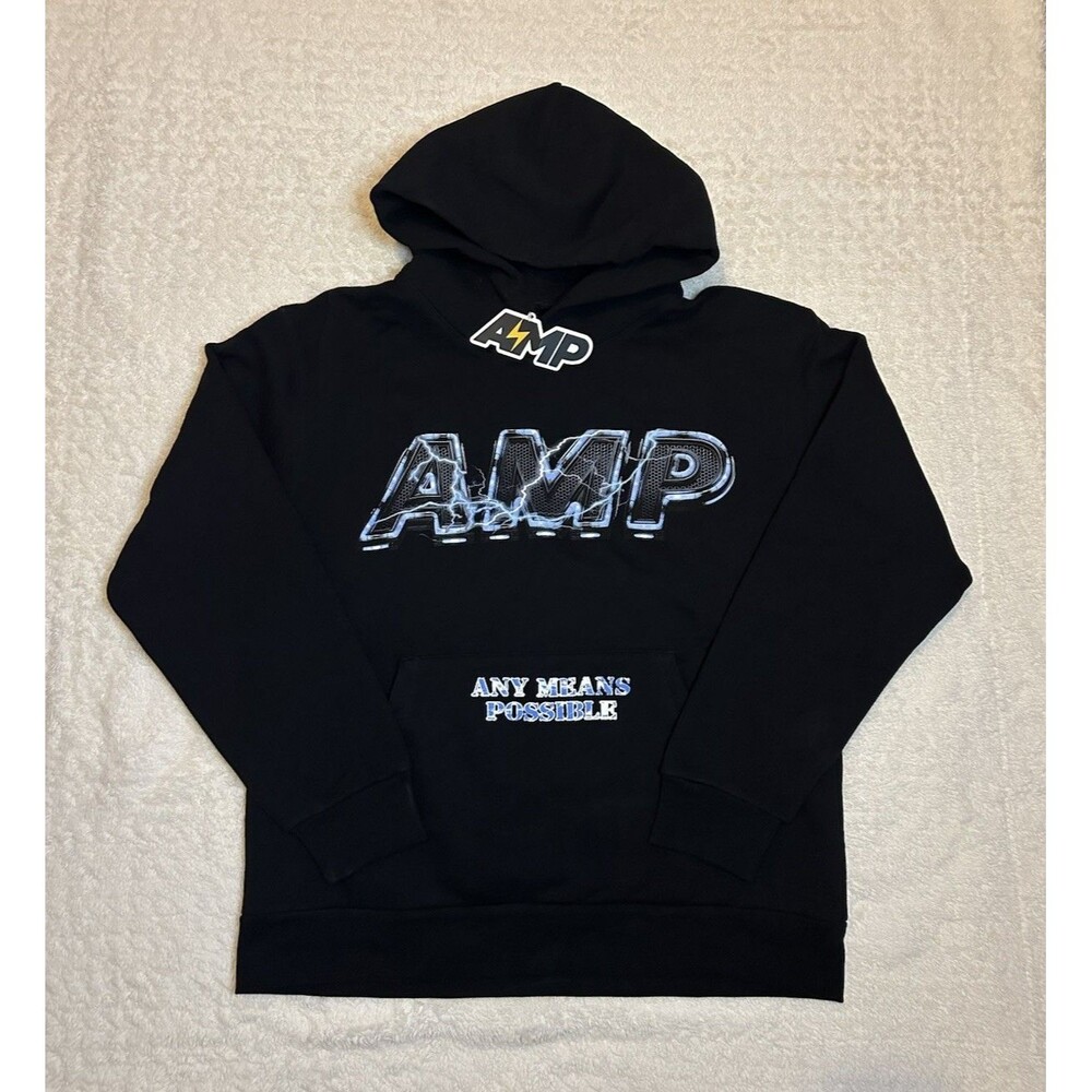 NWT AMP Any Means Possible Brand New Hoodie Black Blue Lightning Size L